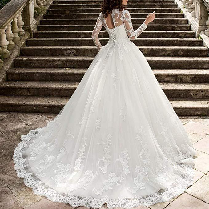 A line Wedding Dress Long Sleeves Scoop Lace Ball Gown  Bridal Gowns